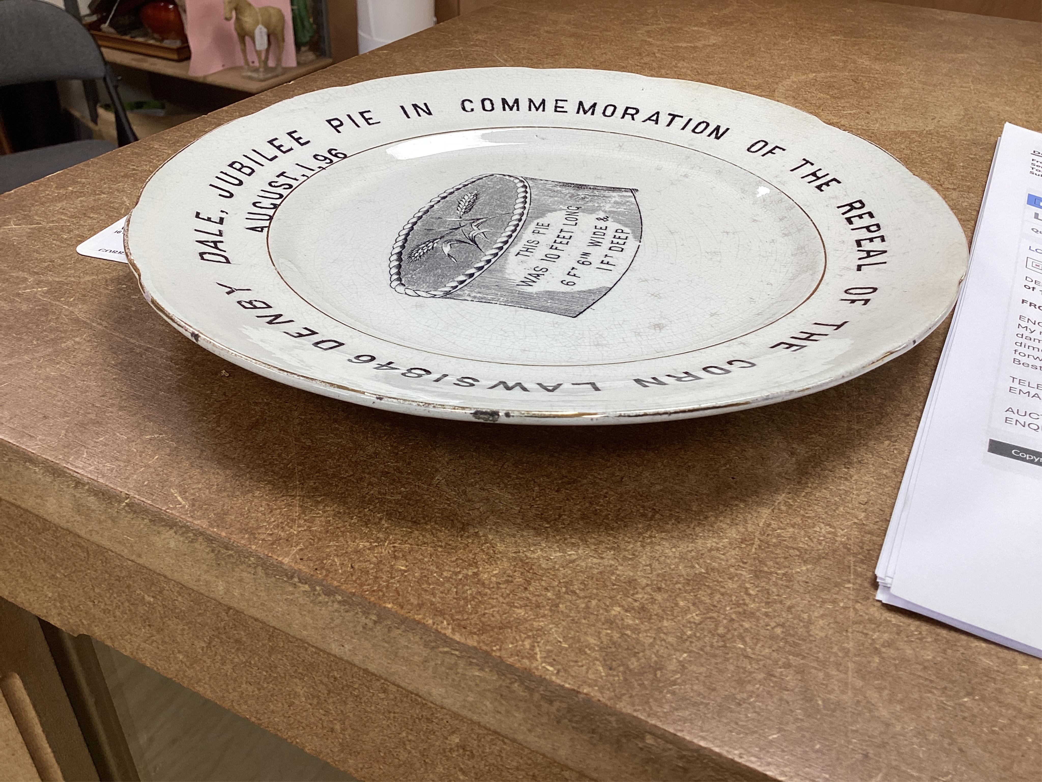 A Victorian August 1 1896 Jubilee pie plate, commemorating the repeal of the corn laws of 1846, 25cm diameter. Condition - some crazing and gilt edge worn